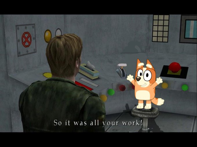 Bingo from Bluey overlaid onto Mira from the Silent Hill 2 Dog Ending.