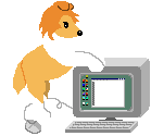 Art of a dog leaning on a computer monitor.