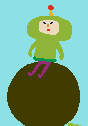 A crude drawing of the Prince from Katamari Damacy sitting on a ball.