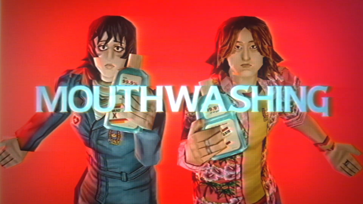 Anya and Daisuke from Mouthwashing, each holding a bottle of moutwash.