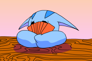 A blue Poogle holding a deck of cards.