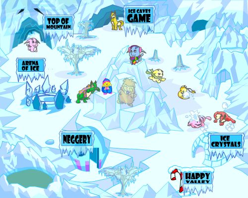 Several Neopets standing in the old Ice Caves.