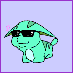 A green Poogle wearing sunglasses and dancing.